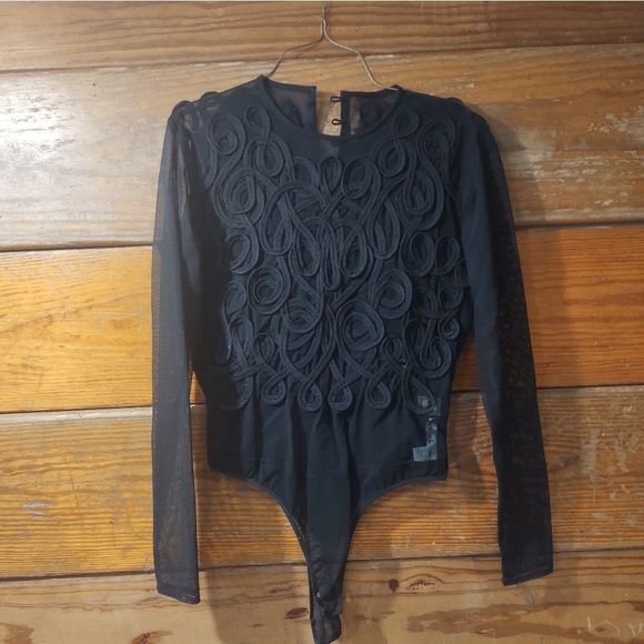 ANNE KLEIN II • VINTAGE • 100% SHEER EMBROIDERED THONG BODYSUIT